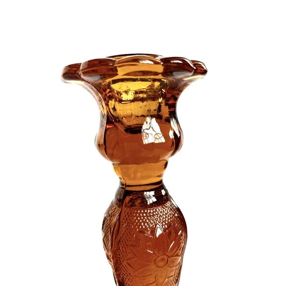 Vtg CandleSticks Tiara Amber Indiana Glass Sandwich1940 8.5"candle holder set 2 - Picture 8 of 16